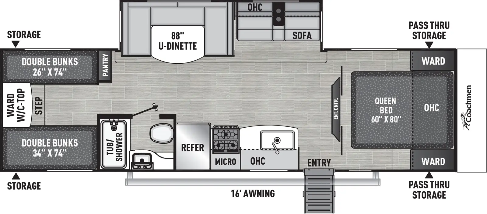 The 29SE has one slide out and one entry. Exterior features front pass-thru storage, a 16 foot awning, and rear storage on both sides. Interior layout front to back: foot-facing queen bed with overhead cabinet and wardrobes on each side; an island entertainment center; off-door side slideout with sofa, overhead cabinet, and u-dinette; door side entry, kitchen counter with sink, overhead cabinet, microwave, cooktop and refrigerator; door side full bathroom; off-door side pantry; rear bunk room with opposing double bunks, and rear wardrobe with countertop and a step.